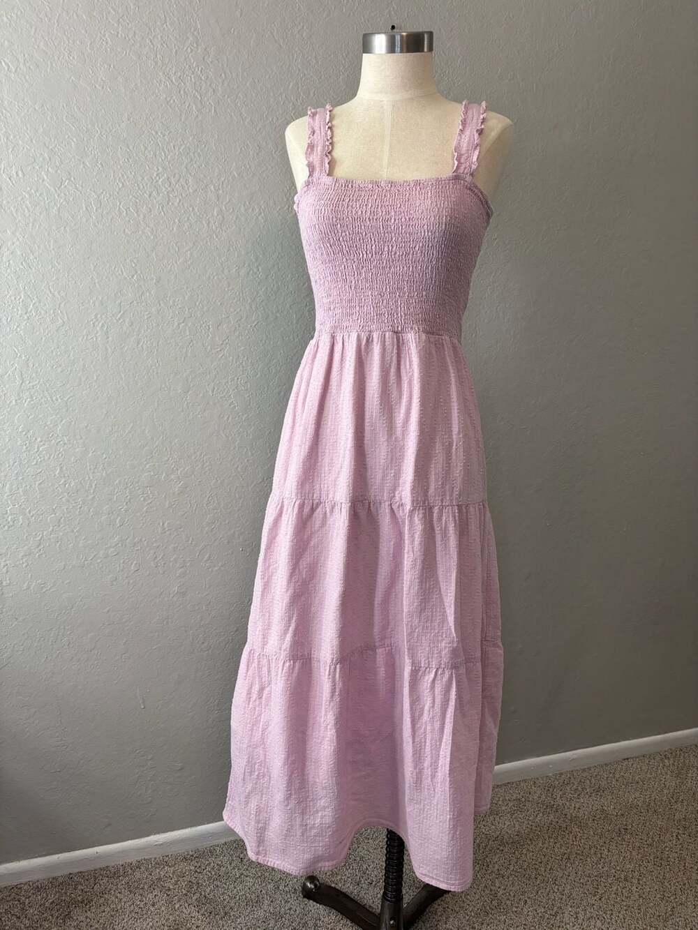 Pink Smocked Tiered Midi Dress